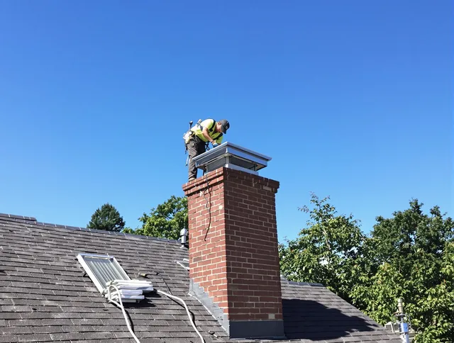 East Lyme Chimney Sweep technician measuring a chimney cap in East Lyme, CT