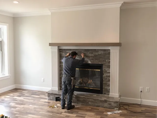 East Lyme Chimney Sweep finishing a custom fireplace install in East Lyme, CT